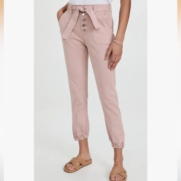 PAIGE Mayslie High Rise Exposed Button Fly Belted Jogger Rouge Glow Pink Sz 30 - Picture 7 of 12